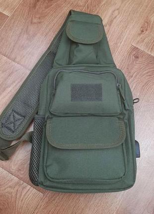 Тактична сумка-рюкзак олива, борсетка однолямкова + usb вихід5 фото
