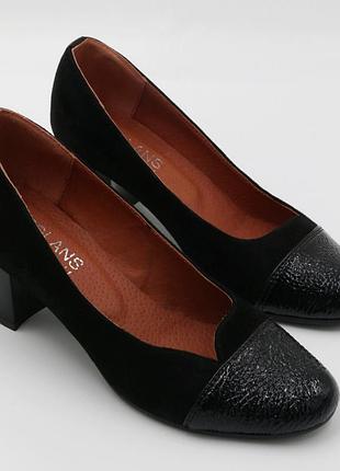 Туфли женские чёрные кожаные классические комбинированные с каблуком 6 сантиметров  polans код-(321)
