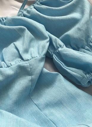 Сукня під льон з відкритими плечами по фігурі10 фото