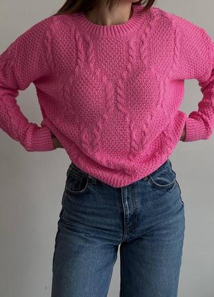 Стильный свитер, р.уни, ажурная вязка, розовый