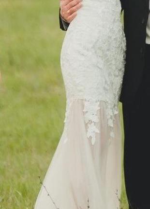 Свадебное  вечернее выпускное платье - бюстье цвета шампанского фатин кружево