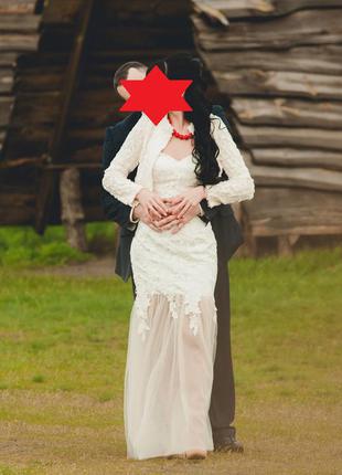 Свадебное  вечернее выпускное платье - бюстье цвета шампанского фатин кружево2 фото
