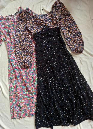 Платье в цветочный принт горошек горох длинное макси миди с обьемными рукавами фонариками буфами пышными nasty gal xs s m