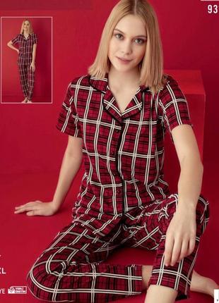 Пижама в клетку красная, подарок для девушки, короткий рукав и штаны