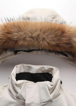 Очень тёплая мужская зимняя куртка пуховик аляска с меховой опушкой, бежевая8 фото