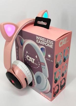 Бездротові навушники st77 led з котячими вушками, що світяться. колір: рожевий