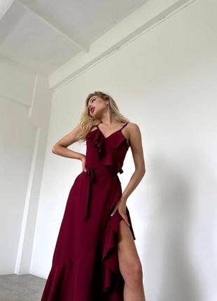 Платье миди вечернее нарядное на зарах на регулируемых бретельках лиф украшен воланами юбка полуклеш с воланом ткань софт