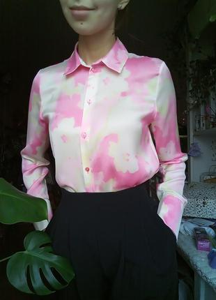 Сатиновая рубашка разводами, розовая рубашка пятнами, свободная рубашка на пуговицах, женская рубашка1 фото