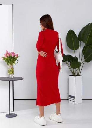 Сукня міді однонтонна на довгий рукав з розрізом по нозі приталена якісна стильна базова біла червона5 фото