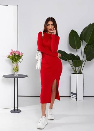 Сукня міді однонтонна на довгий рукав з розрізом по нозі приталена якісна стильна базова біла червона1 фото