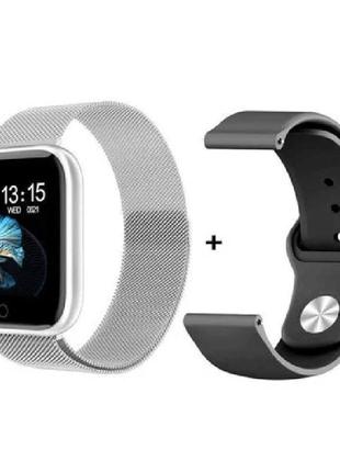 Смарт-часы smart watch t80s silver + 2 браслета - стальной и силиконов(температура, пульс, давление, кислород)