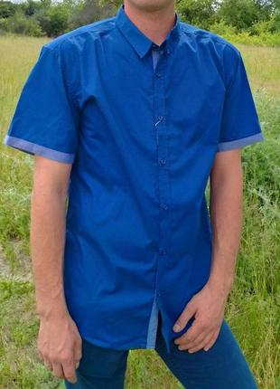 Рубашка-тенниска с голубыми вставками на рукавах, синий