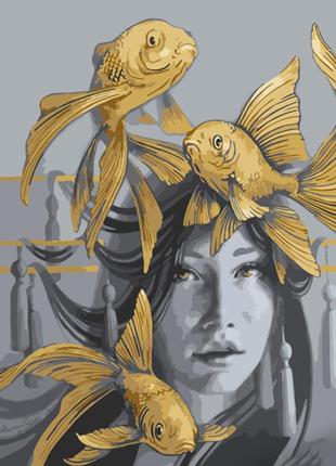 Картина за номерами strateg преміум золоті рибки з лаком розміром 40х50 см (gs1253) украина