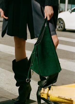 Плоска шкіряна зелена сумка шопер zara new