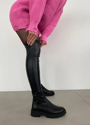 Черные натуральные кожаные высокие ботфорты на весну / осень женские4 фото