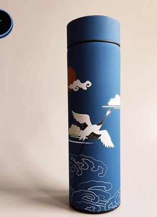 Термос с цифровым дисплеем и матовым покрытием синий "журавль"