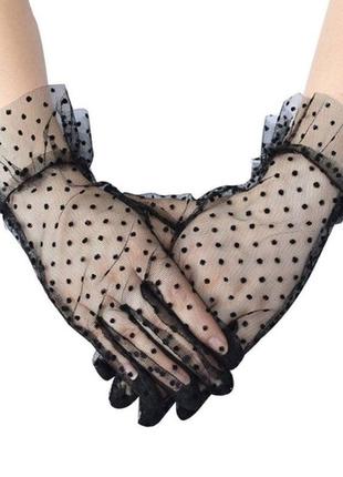 Черные ажурные перчатки в горошек. код: а152