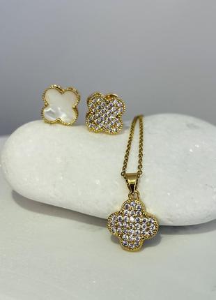 Сережки  двосторонні і ланцюжок у стилі van cleef