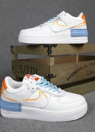 Женские кроссовки nike air force 1 shadow white blue orange найк форс белого с голубым и оранжевым цветами1 фото