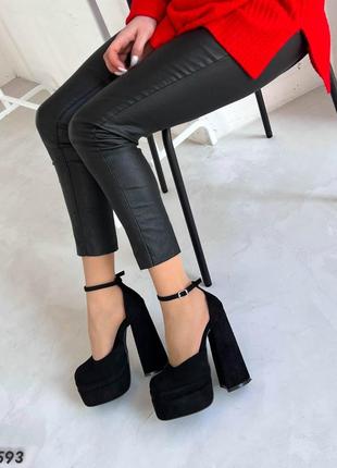 Женские туфли на высоком каблуке, черные, экозамша10 фото