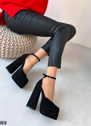 Женские туфли на высоком каблуке, черные, экозамша9 фото