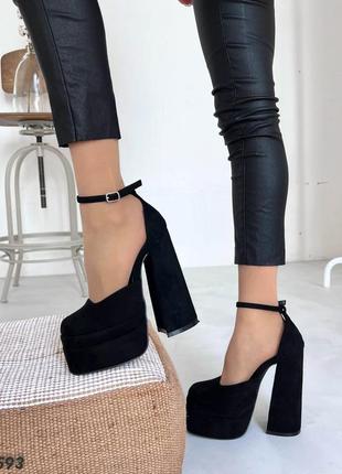 Женские туфли на высоком каблуке, черные, экозамша3 фото