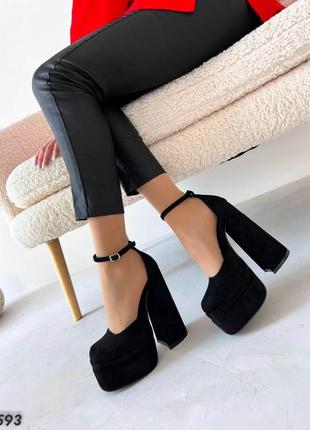 Женские туфли на высоком каблуке, черные, экозамша7 фото