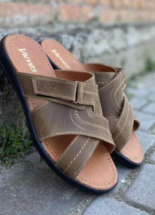 Чоловічі шльопанці шкіряні літні оливкові yuves f22