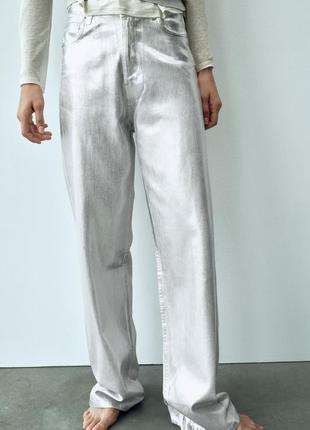 Металлизированные джинсы свободного кроя zara trf high waist wide leg3 фото