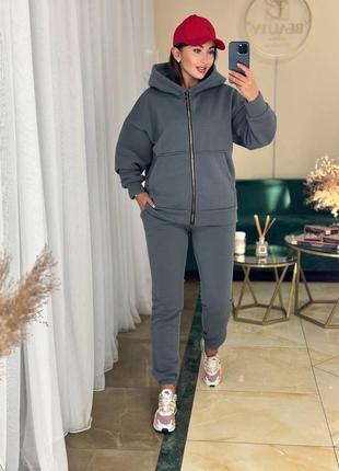 Теплий якісний жіночий костюм зіп худі на блискавці і штани на флісі однотонний комплект спортивний