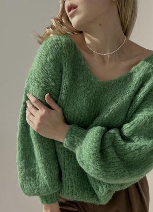 Зелёный свитер оверсайз из шерсти альпака1 фото