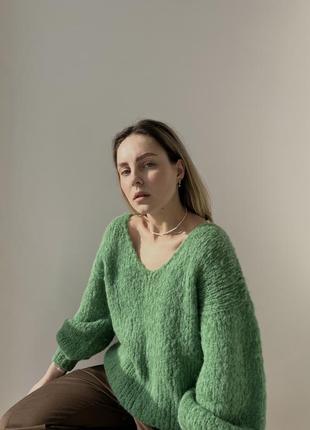 Зелёный свитер оверсайз из шерсти альпака8 фото