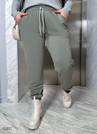 Жіночі трикотажні штани двонитка великі розміри. модель 42857 оливковий1 фото