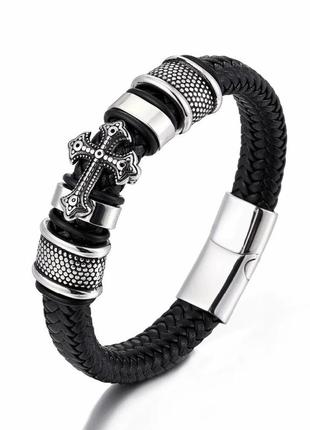 Мужской кожаный браслет с серебряными стальными вставками крест черный6 фото