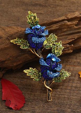Брошка сині троянди, метал золотистий, 10.5х7см