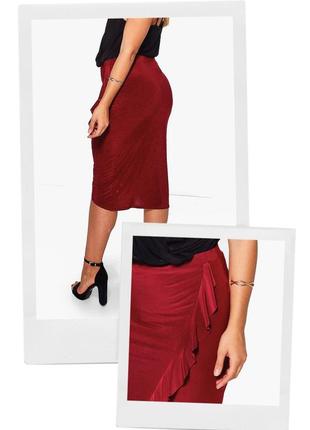 Цвет 2024! винный красный асимметричная юбка оборка волан рюш бордо бургунди разрез карандаш1 фото