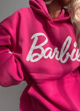 Кофта свитшот теплый на флисе длинная надпись накат barbie барби оверсайз об Розовая широкая прямая толстовка длинное платье8 фото