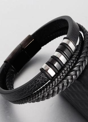 Мужской кожаный браслет плетеный, черный со стальными вставками2 фото