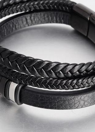 Мужской кожаный браслет плетеный, черный со стальными вставками3 фото