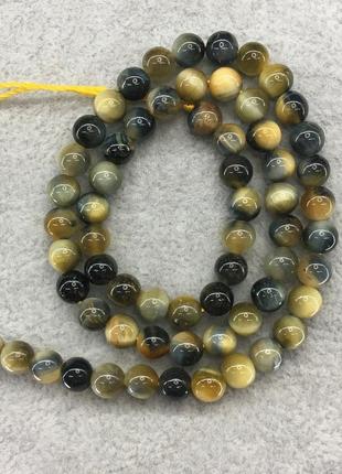Настены на нитке из натурального камня тигровый + соколый глаз гладкий шарик d=6мм