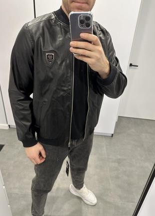 Мужская классическая куртка бомбер philipp plein из кожи черная, 48-50 размер только!1 фото
