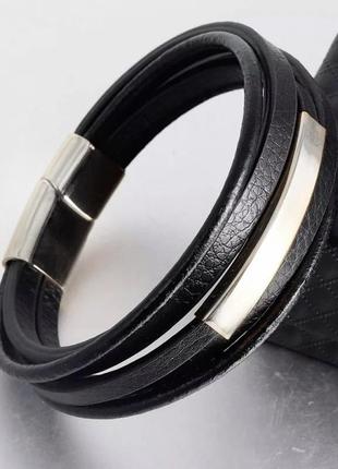 Мужской кожаный браслет плетеный, черный с серебряными вставками2 фото