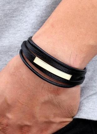 Мужской кожаный браслет плетеный, черный с серебряными вставками3 фото