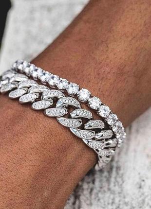 Мужской металлический браслет, цепь на руку, серебристый с инкрустацией 10 мм