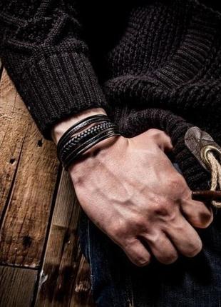 Мужской кожаный браслет black, плетеный из кожи черный5 фото
