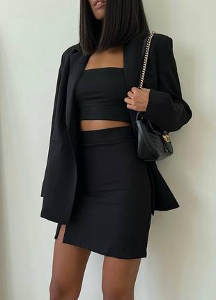 Костюм женский однотонный оверсайз пиджак топ на брителях юбка короткая на высокой посадке качественный стильный трендовый черный