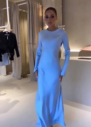 Жіноча блакитна якісна розкішна елегантна розкішна довга сукня максі з шовку армані з довгим рукавом2 фото