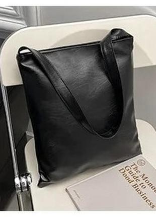 Якісний лаконічний чорний шопер жіноча сумка на плече тонка екошкіра1 фото