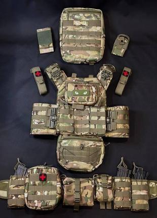 Комплект плитоноска швидкого скидання з боковими карманами +рпс + напашник +рюкзак та 12 підсумків