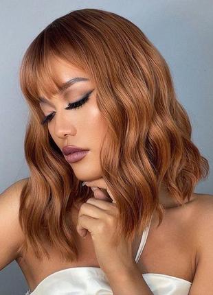 Парик натуральный рыжий удлиненное каре карэ волнистый искусственные волосы накладные...